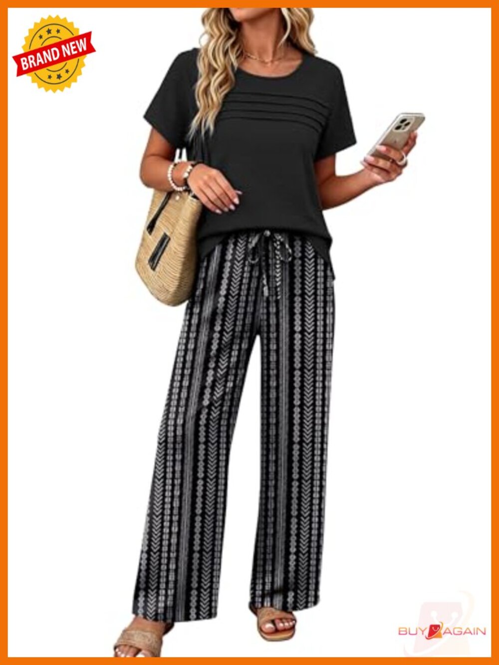 Linen Look 2 Piece Loungewear Set Pleated Top & Wide Leg Pants Summer Outfit